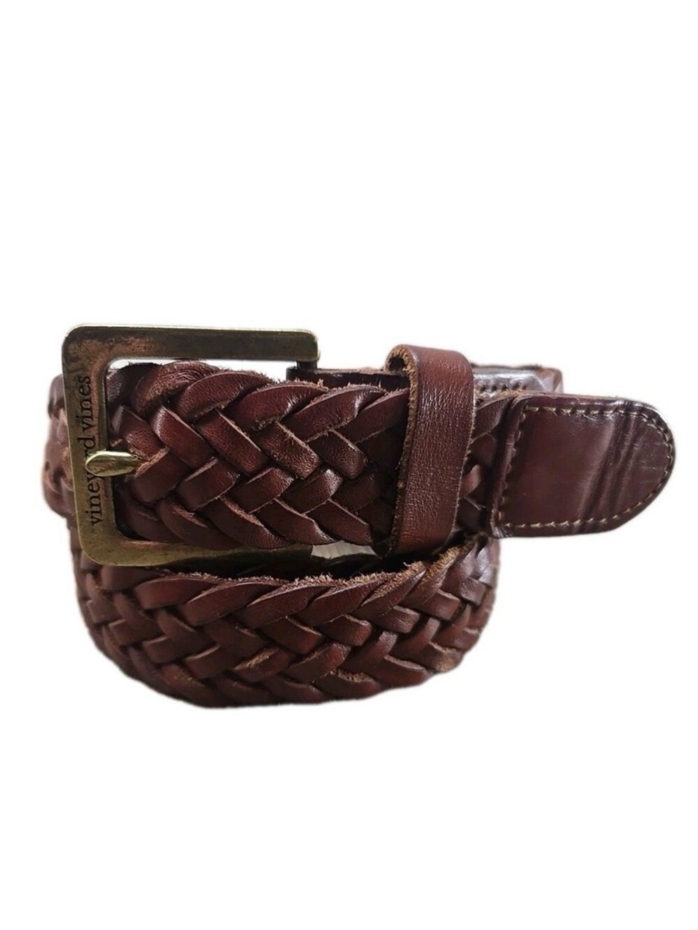 Vineyard Vines Braided Leather Belt in Dark Brown with Brass Buckle